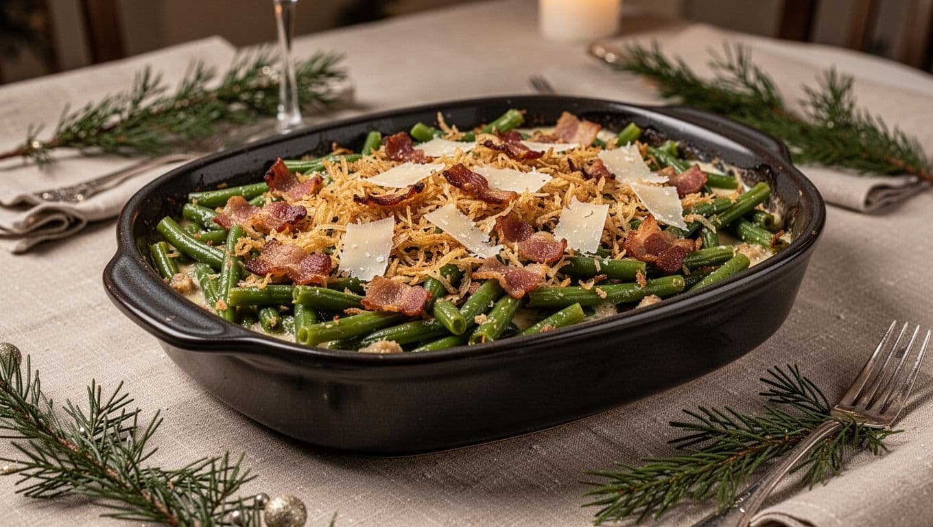 Green bean casserole with bacon, fried onions, and Parmesan in a dark baking dish.