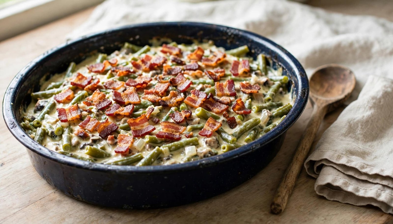 Bacon-topped green bean casserole in a dark pan beside a spoon and folded towel.