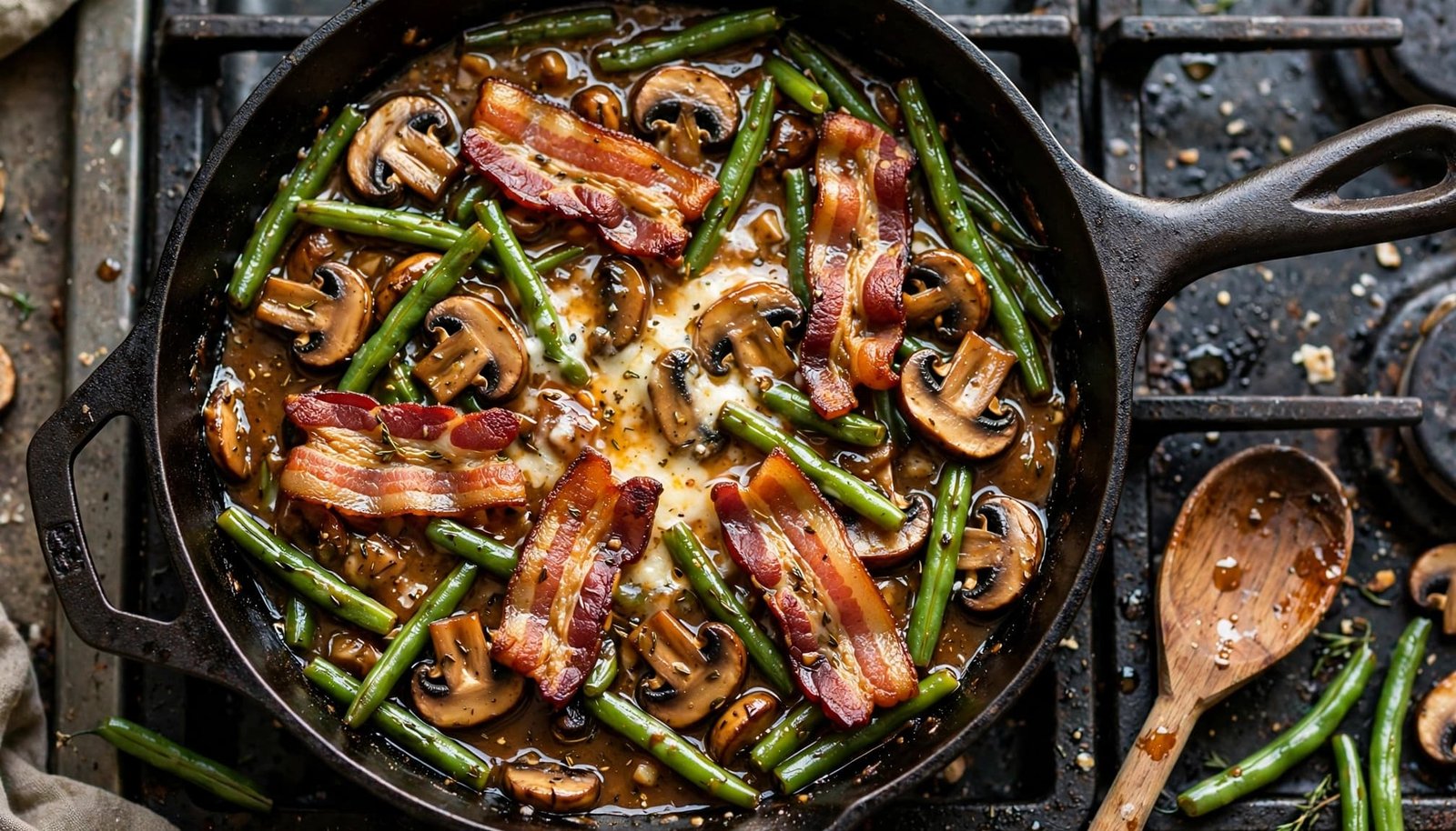 A skillet filled with bacon, mushrooms, green beans, cheese, and sauce beside a wooden spoon.