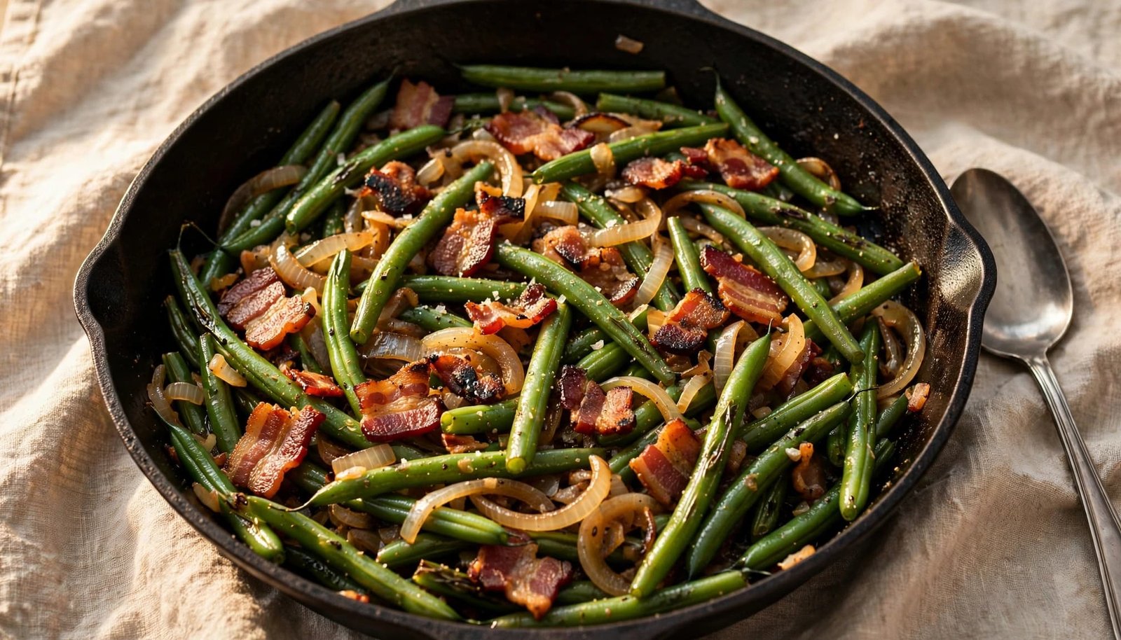 Green beans with bacon and onions in a cast-iron skillet.