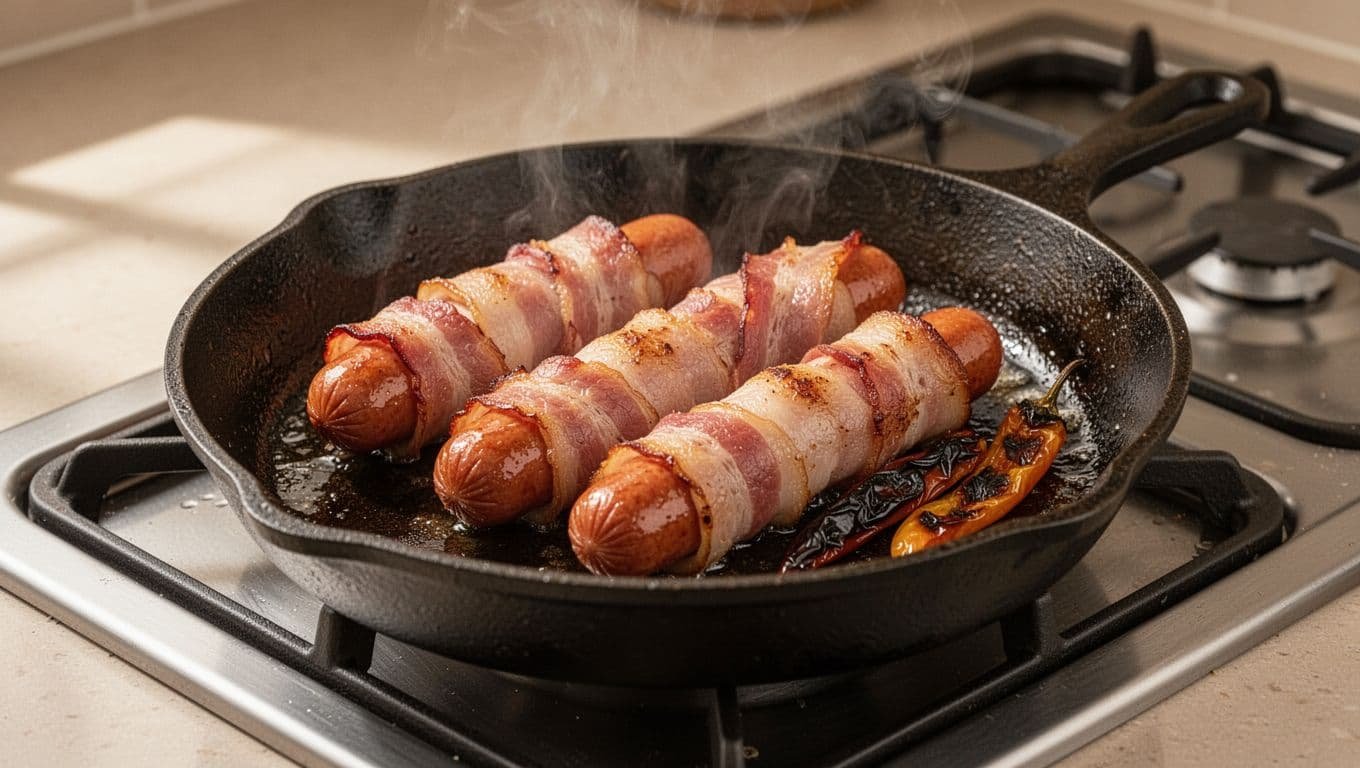 Bacon-wrapped hot dogs browning in a skillet with charred pepper strips.