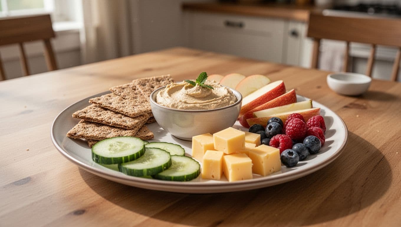 A plate with crackers, hummus, fruit, vegetables, cheese, and berries on a kitchen table.