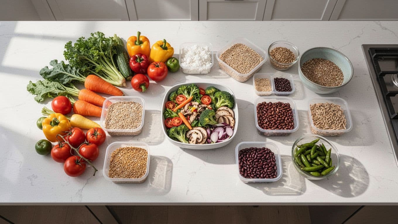 Balanced meal with vegetables, grains, beans, and portioned containers on a bright kitchen island.