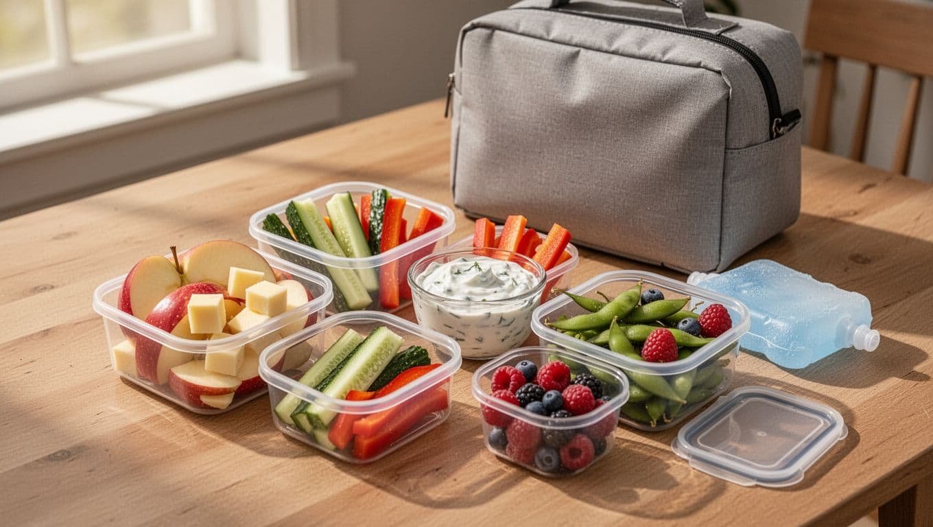 Portioned fruit, vegetables, cheese, and dip in containers beside a lunch bag.