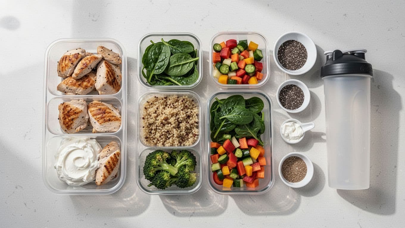 Portioned meal-prep ingredients and a shake arranged on a bright kitchen counter.