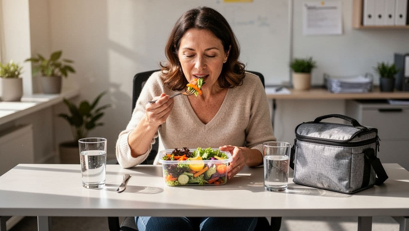 Woman eating a colorful vegetable lunch at an office table with water and a lunch bag.