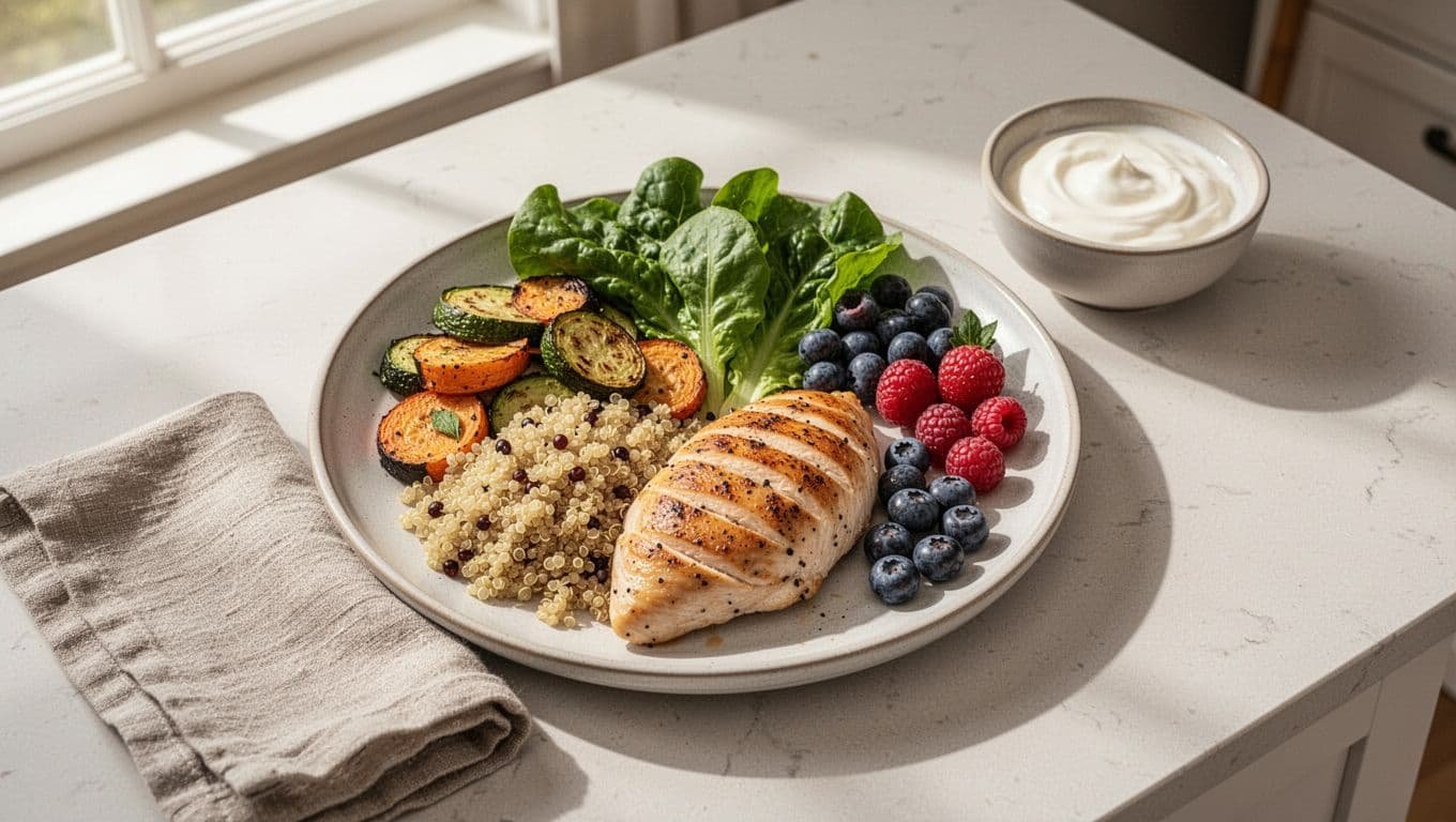 A balanced lunch plate with chicken, quinoa, vegetables, greens, berries, and yogurt.