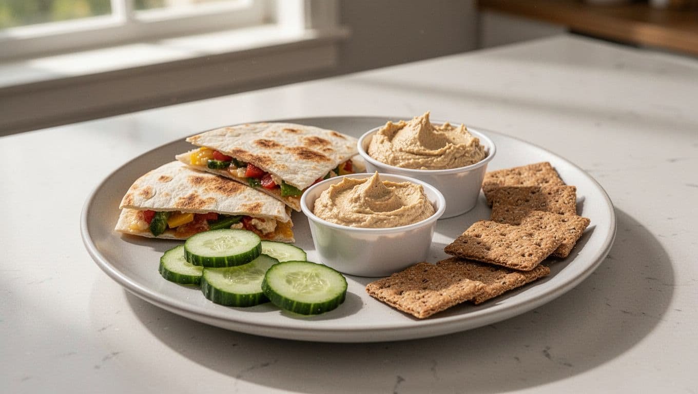 A small plate holds quesadilla wedges, cucumber slices, hummus, and whole-grain crackers.