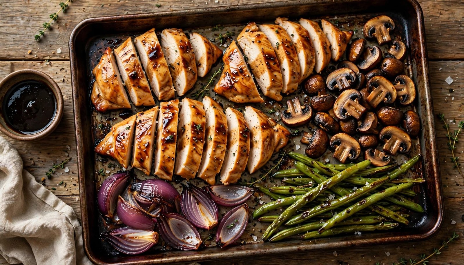 Balsamic chicken with mushrooms, green beans, and red onion on a sheet pan.