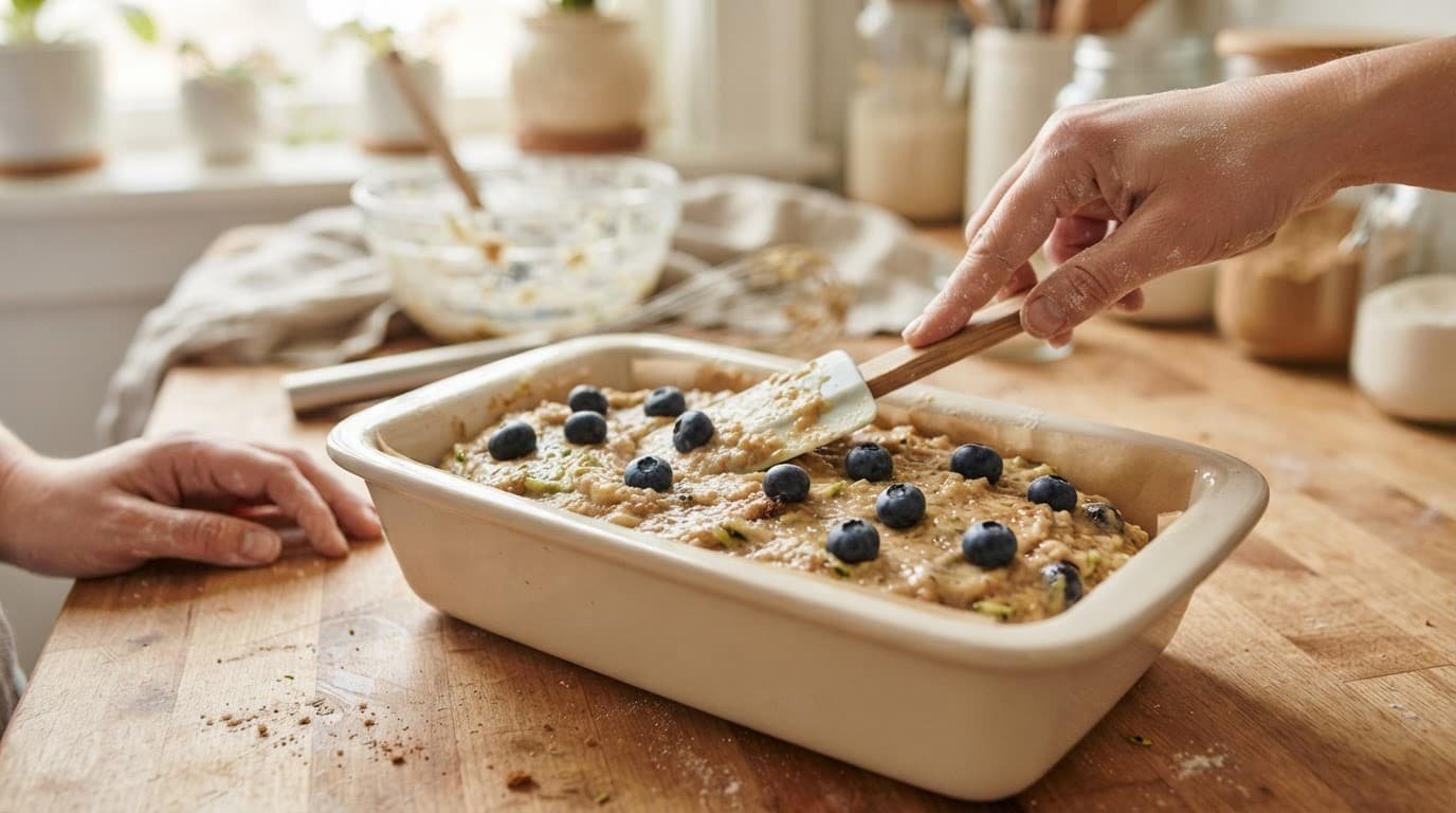 Thick blueberry-studded batter is smoothed in a loaf pan with a spatula.