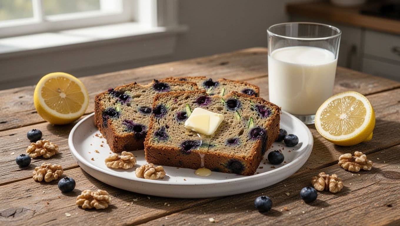 Sliced blueberry zucchini bread with butter, walnuts, lemon, and milk on a kitchen table.