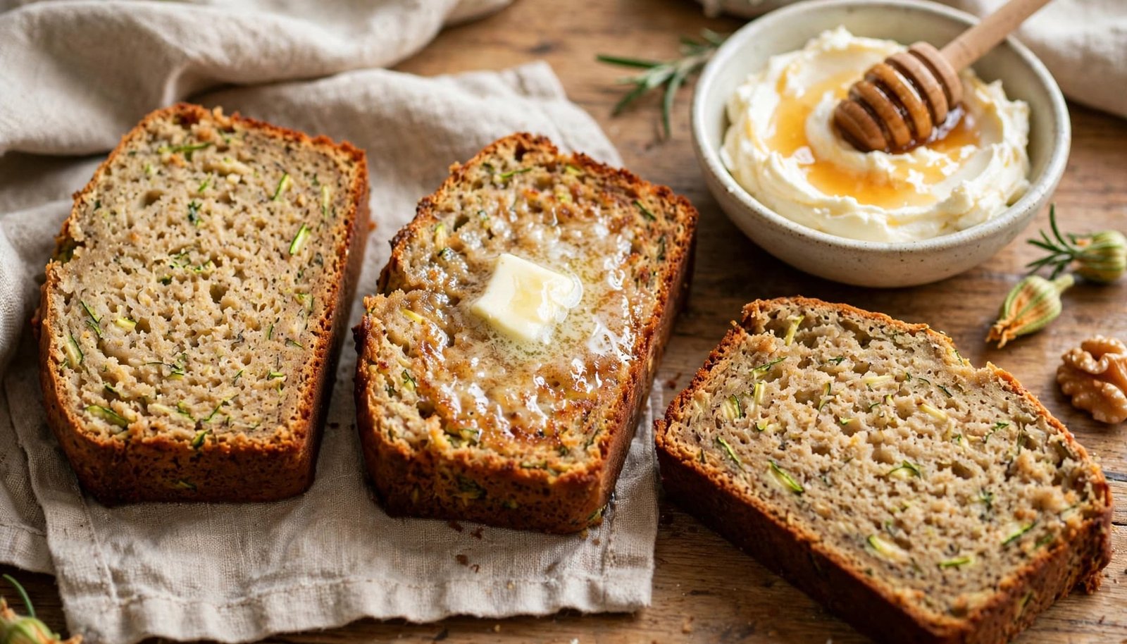 Three banana zucchini bread slices with butter, cream cheese, and honey on a kitchen table.
