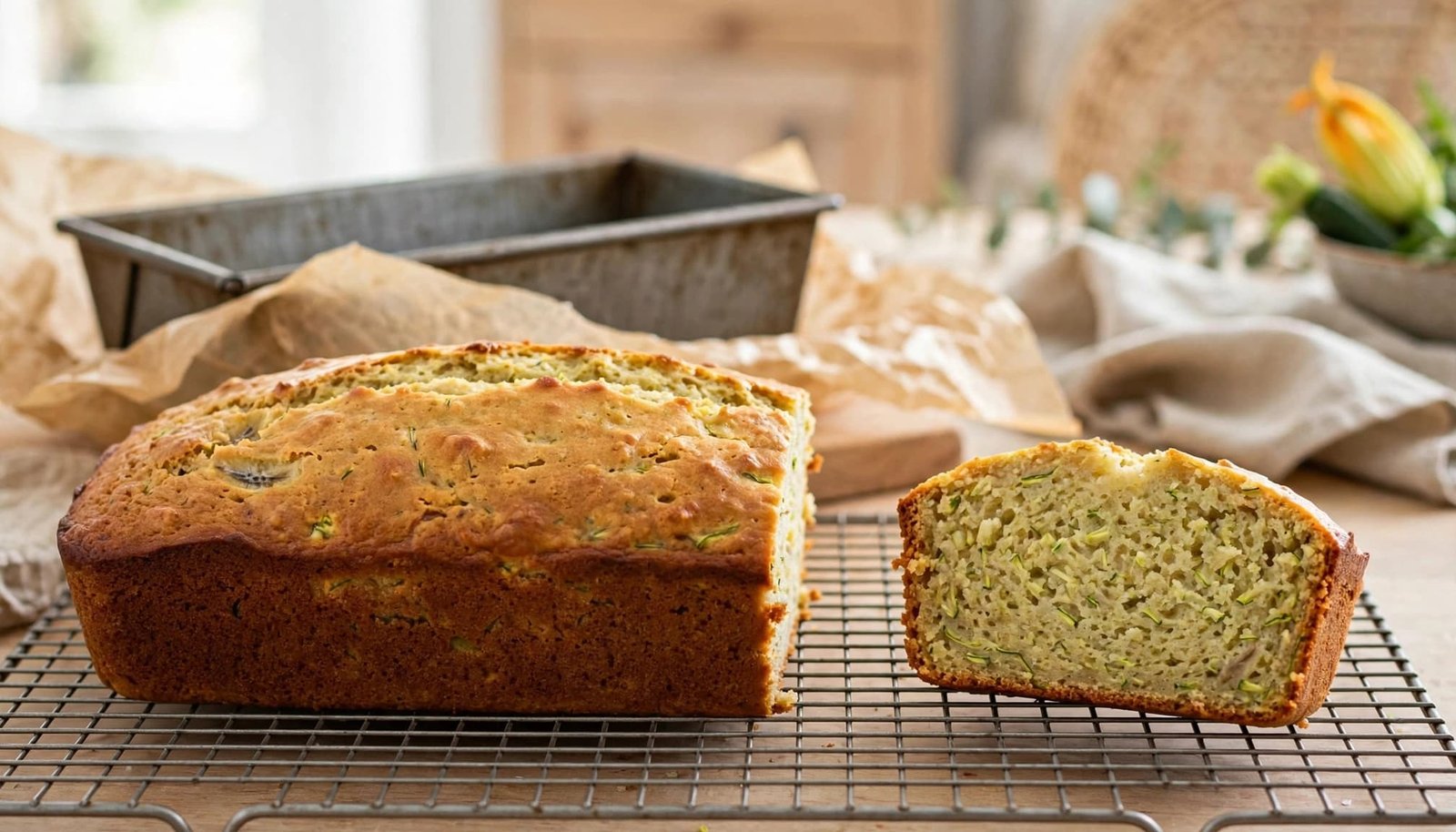 Banana zucchini bread cools on a rack with a slice showing its moist crumb.
