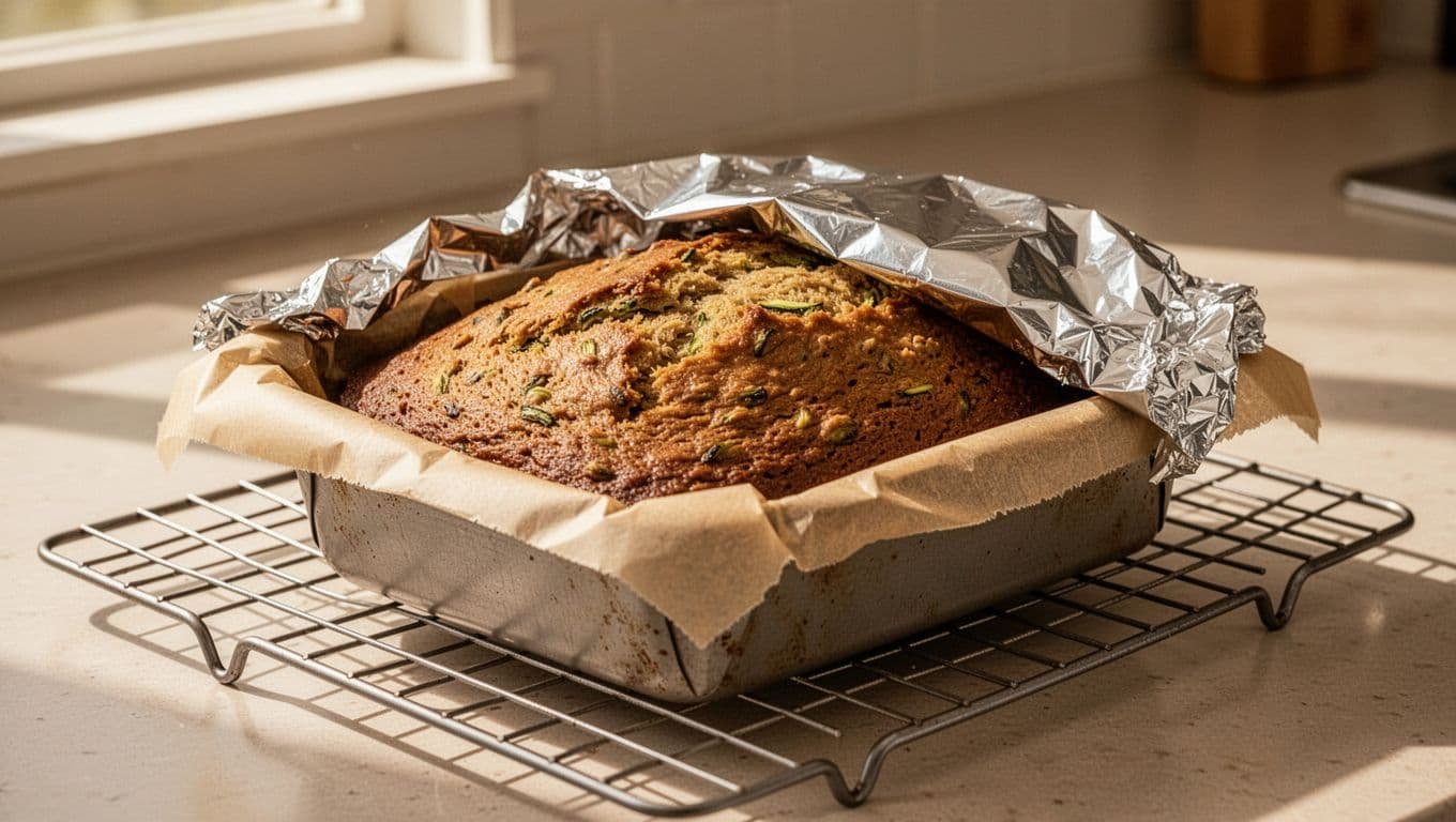 A browned banana zucchini loaf in a parchment-lined pan beside a cooling rack.