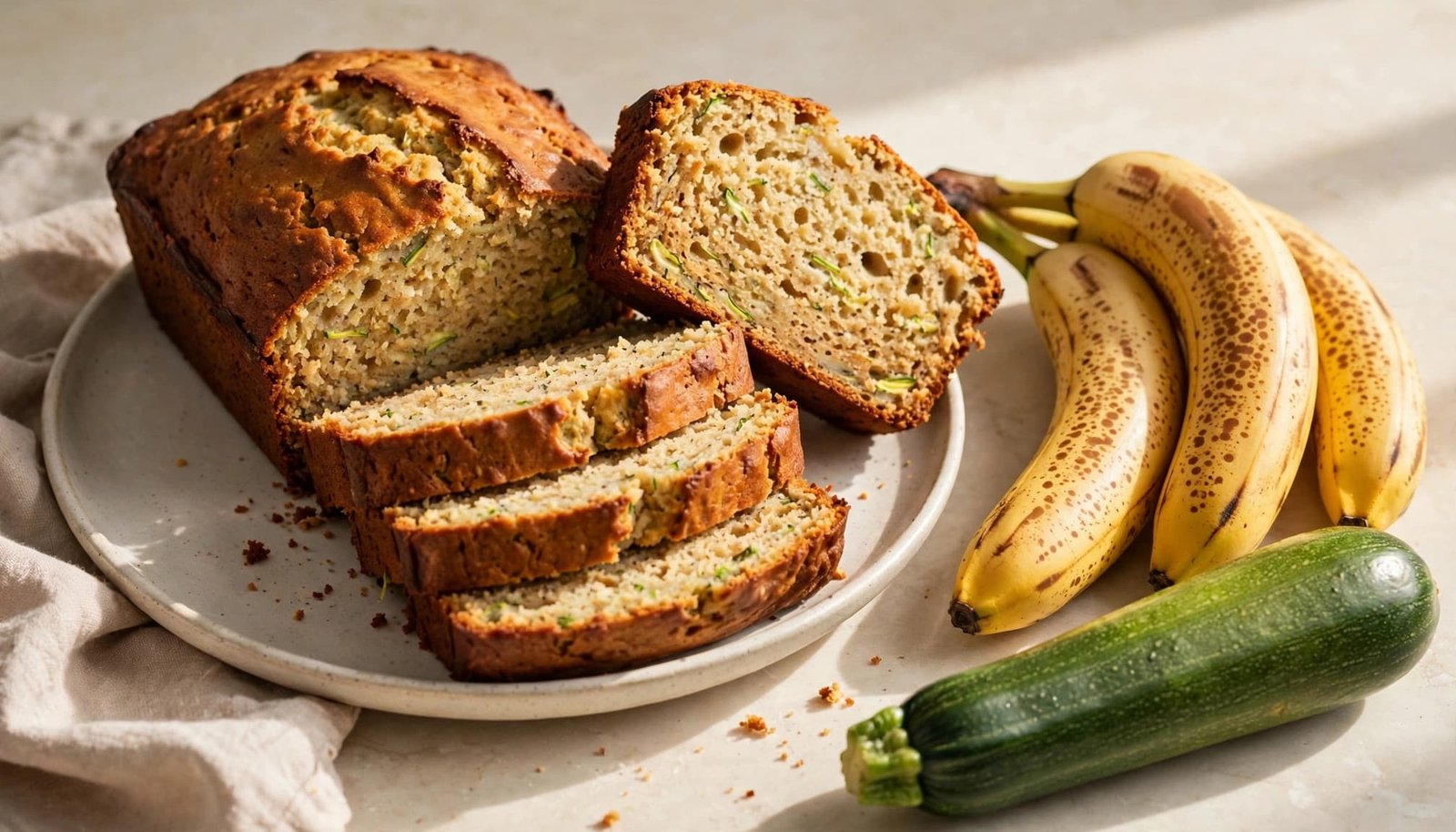 Sliced banana zucchini bread on a plate with bananas and zucchini nearby.