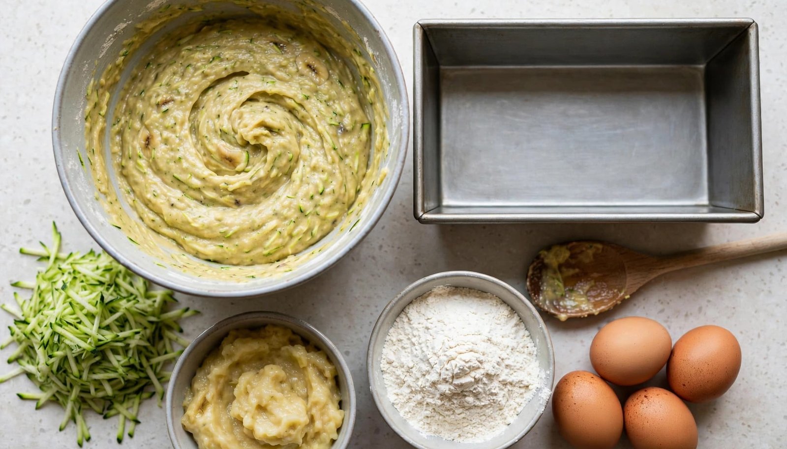 Bowl of banana zucchini batter beside a loaf pan and baking ingredients.