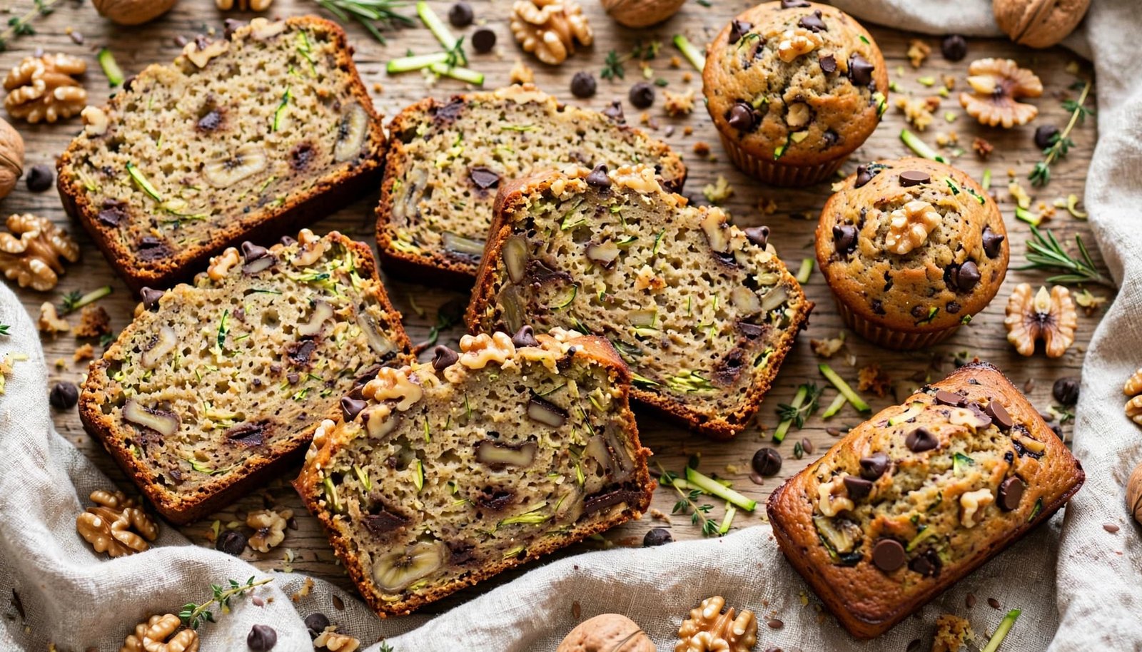 Sliced banana zucchini bread with muffins and a mini loaf on a kitchen table.