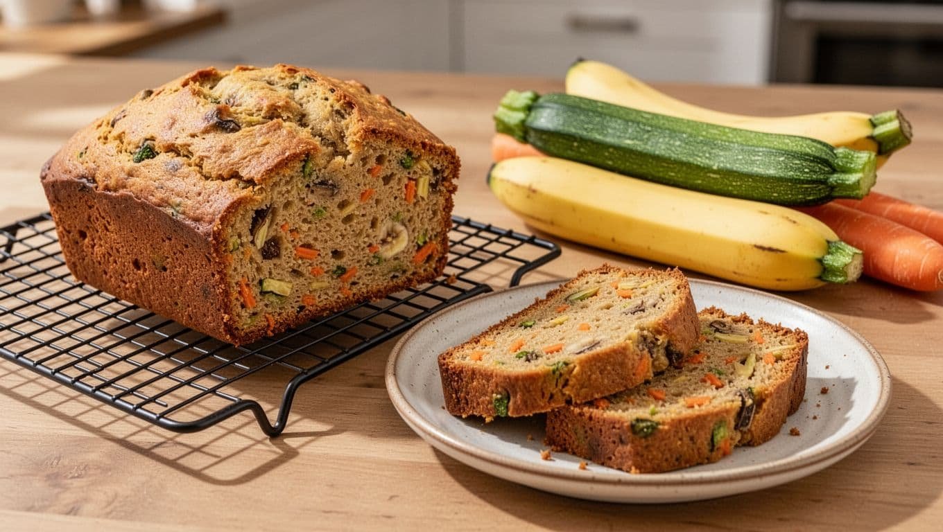 Golden banana vegetable bread with slices, bananas, zucchini, and carrots in a warm kitchen.
