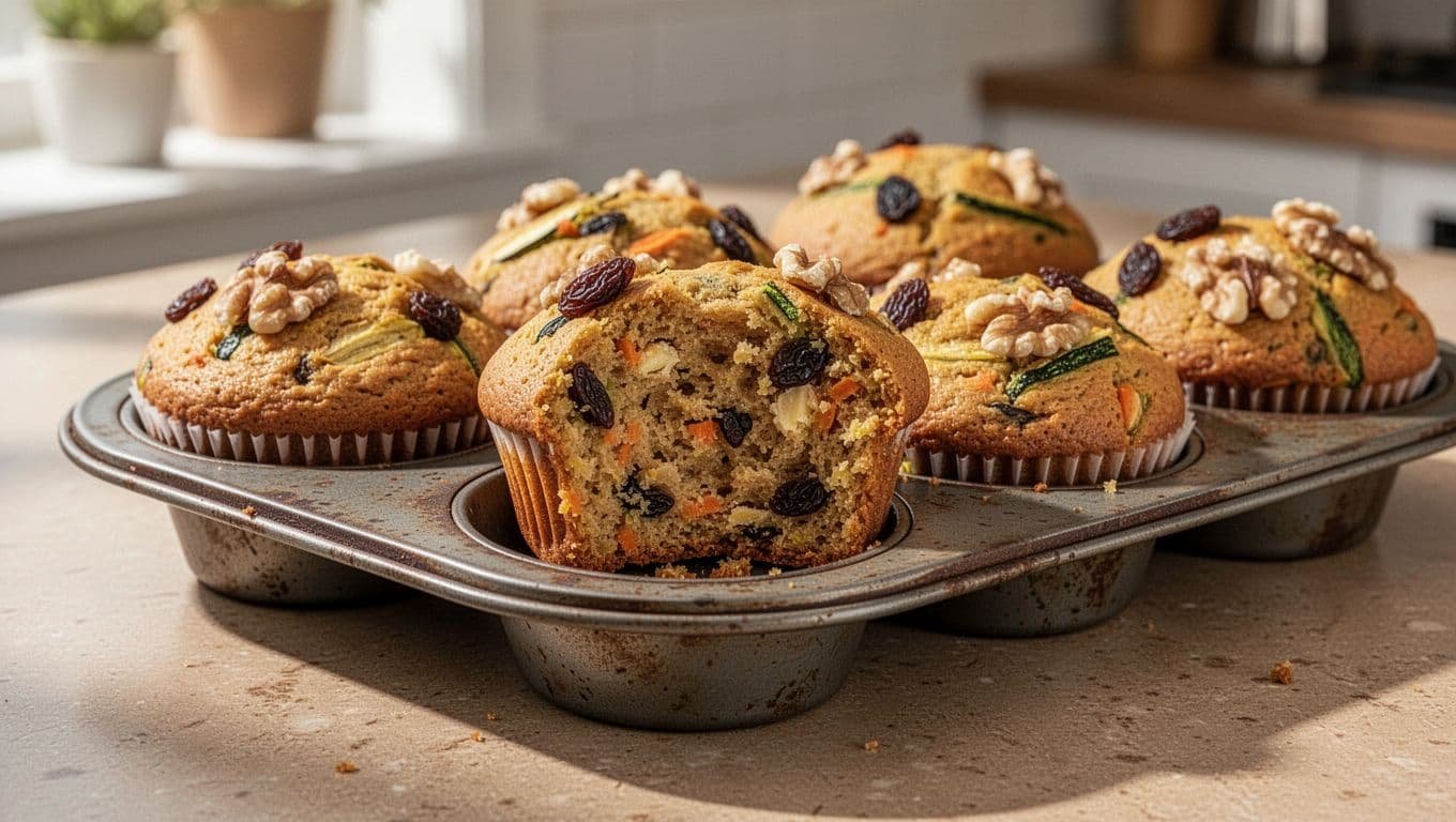 Golden vegetable muffins in a rustic tin with one cut open and nuts and raisins nearby.