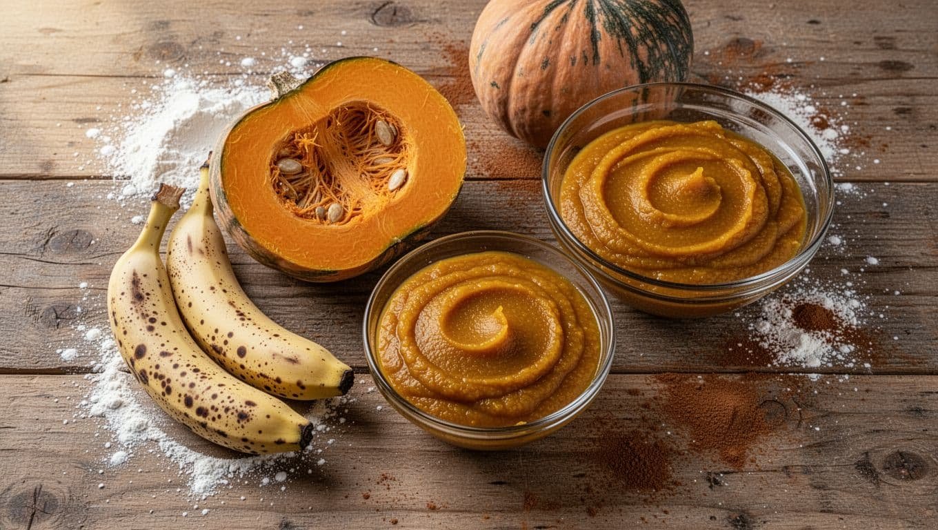 Two ripe bananas, a halved pumpkin, and pumpkin puree on a wooden kitchen counter.