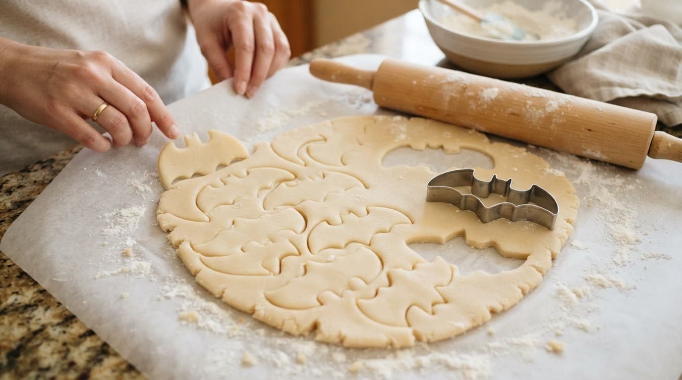 Rolled cookie dough, a bat-shaped cutter, rolling pin, and cutout shapes on parchment.