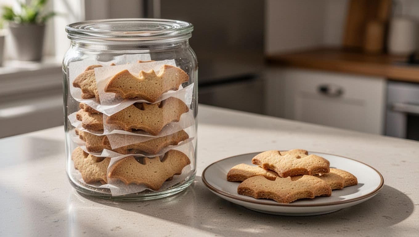 Airtight container of dried Batman cookies beside a serving plate on a kitchen counter.