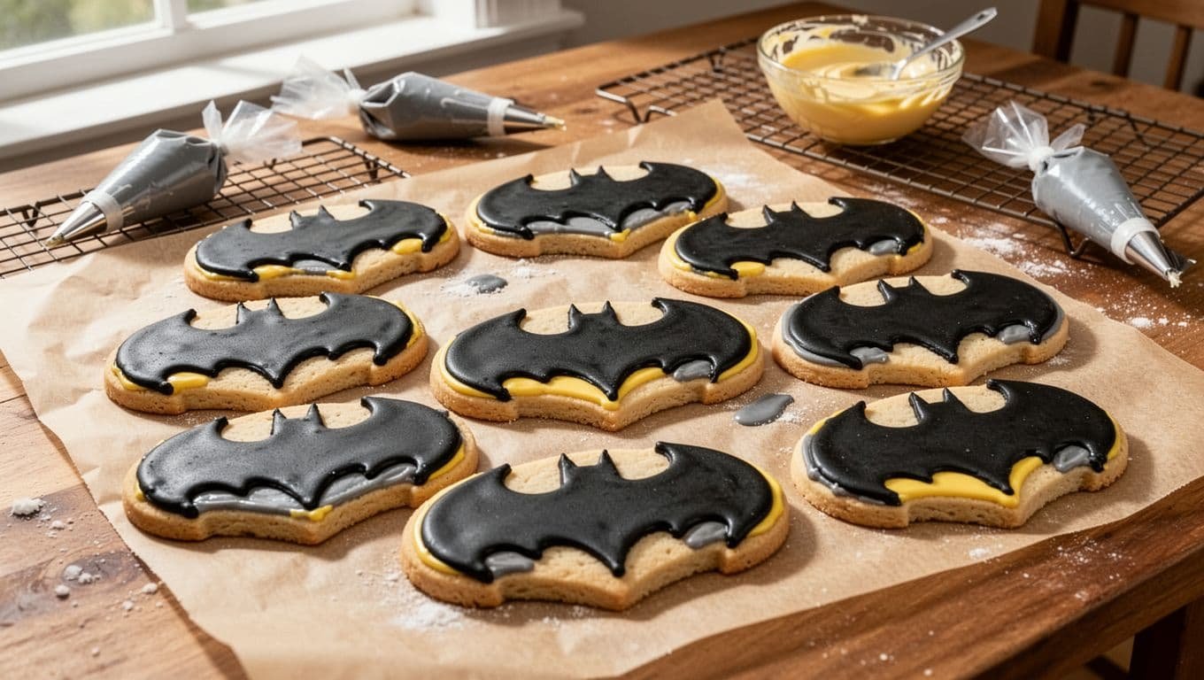 Twelve black bat-shaped cookies with yellow and gray icing on a kitchen table.
