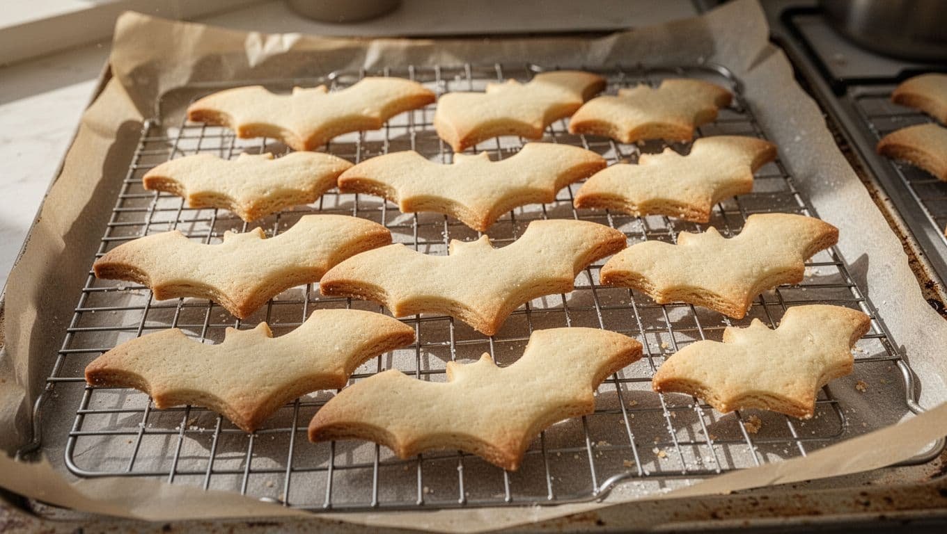 Ten Batman-shaped sugar cookies cooling on a wire rack beside baking sheets.