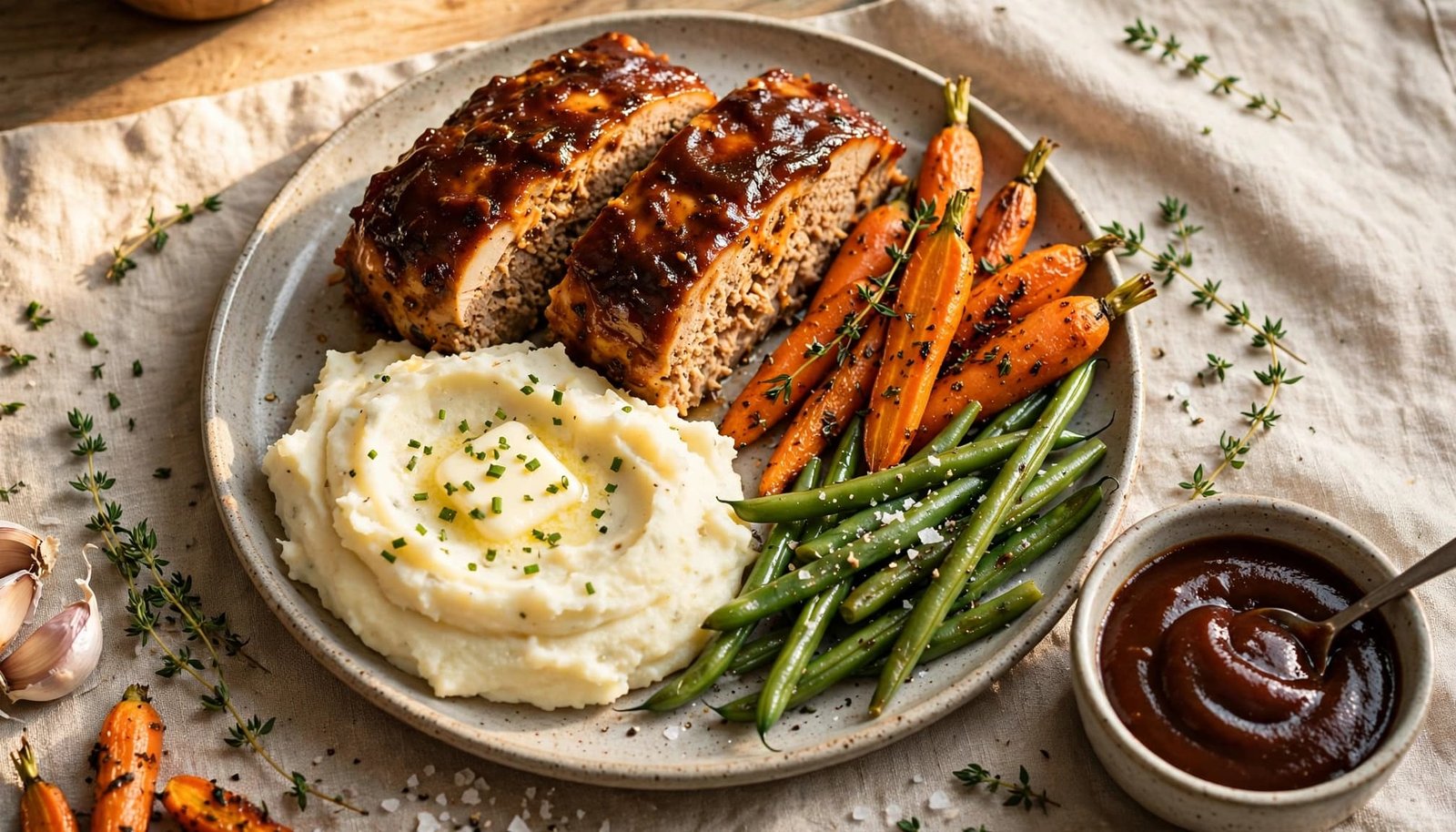 BBQ chicken meatloaf with mashed potatoes, carrots, green beans, and barbecue glaze.