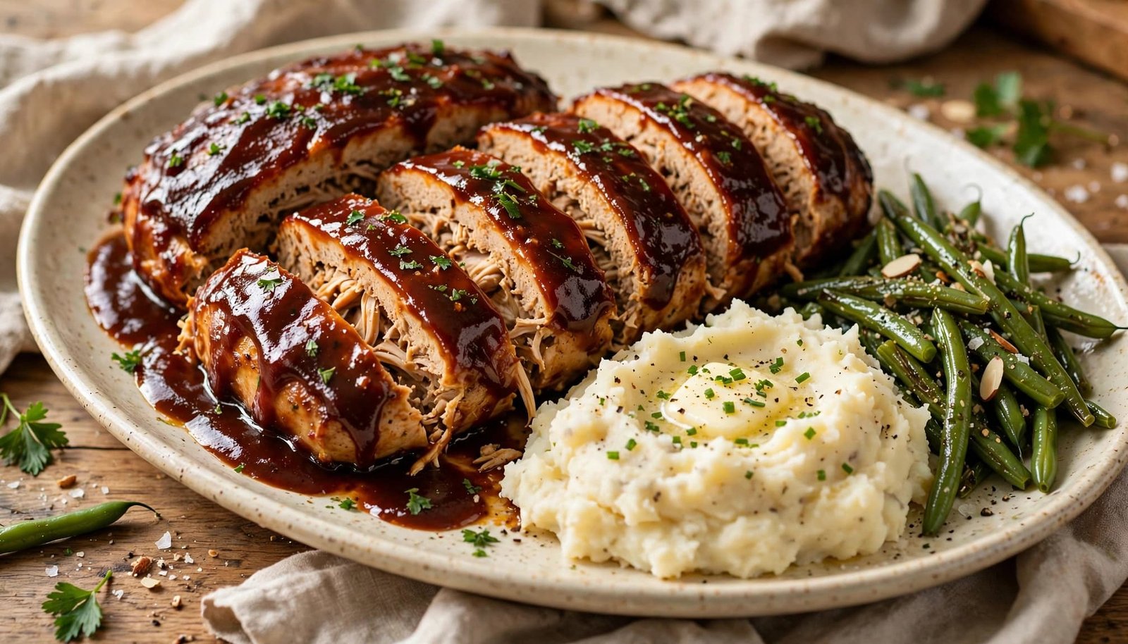 Sliced BBQ chicken meatloaf with mashed potatoes and green beans on a dinner table.