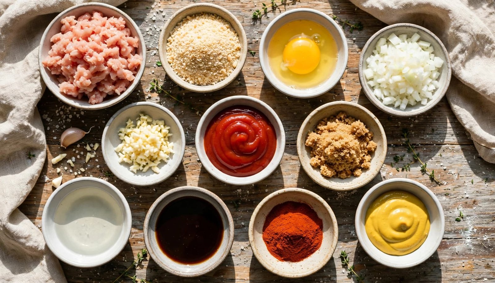 Bowls of chicken, breadcrumbs, vegetables, spices, and sauce ingredients on a rustic kitchen counter.