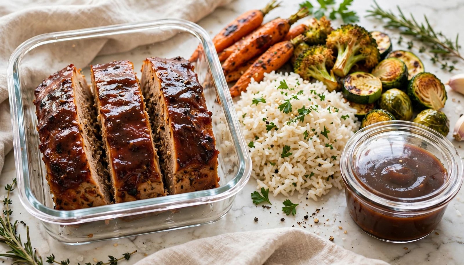 Sliced BBQ chicken meatloaf with rice and roasted vegetables in a glass container.