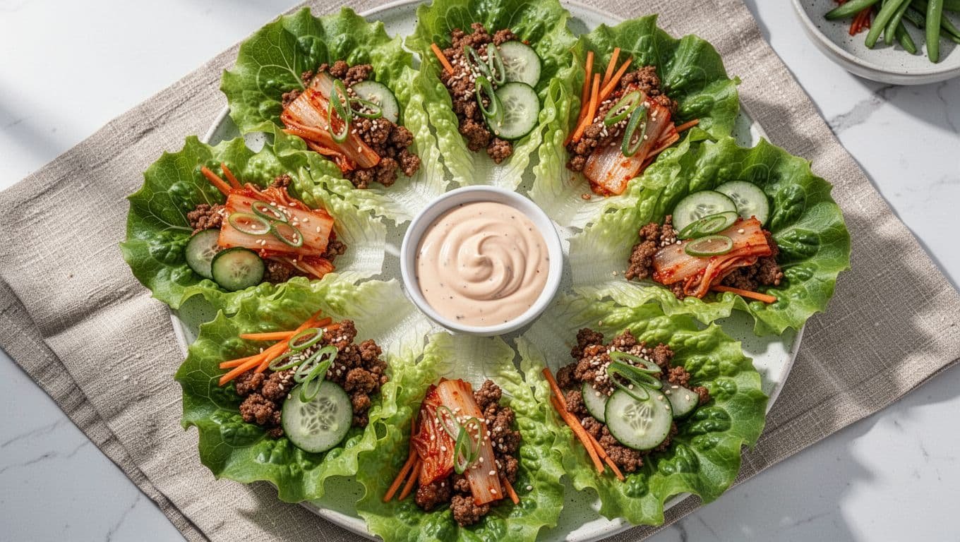 Lettuce cups filled with Korean beef, kimchi, vegetables, and sesame seeds beside spicy mayo.
