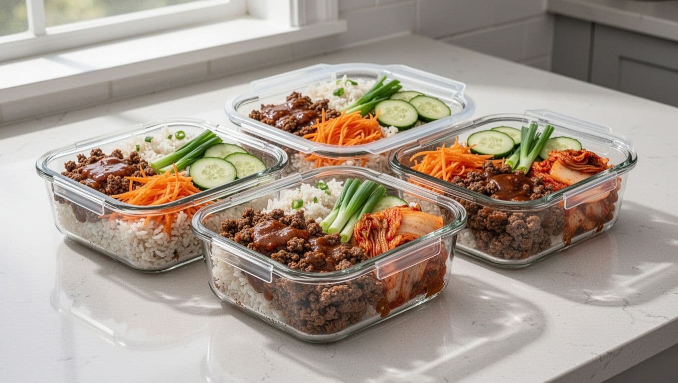 Six glass containers hold beef, rice, vegetables, and kimchi for meal prep.