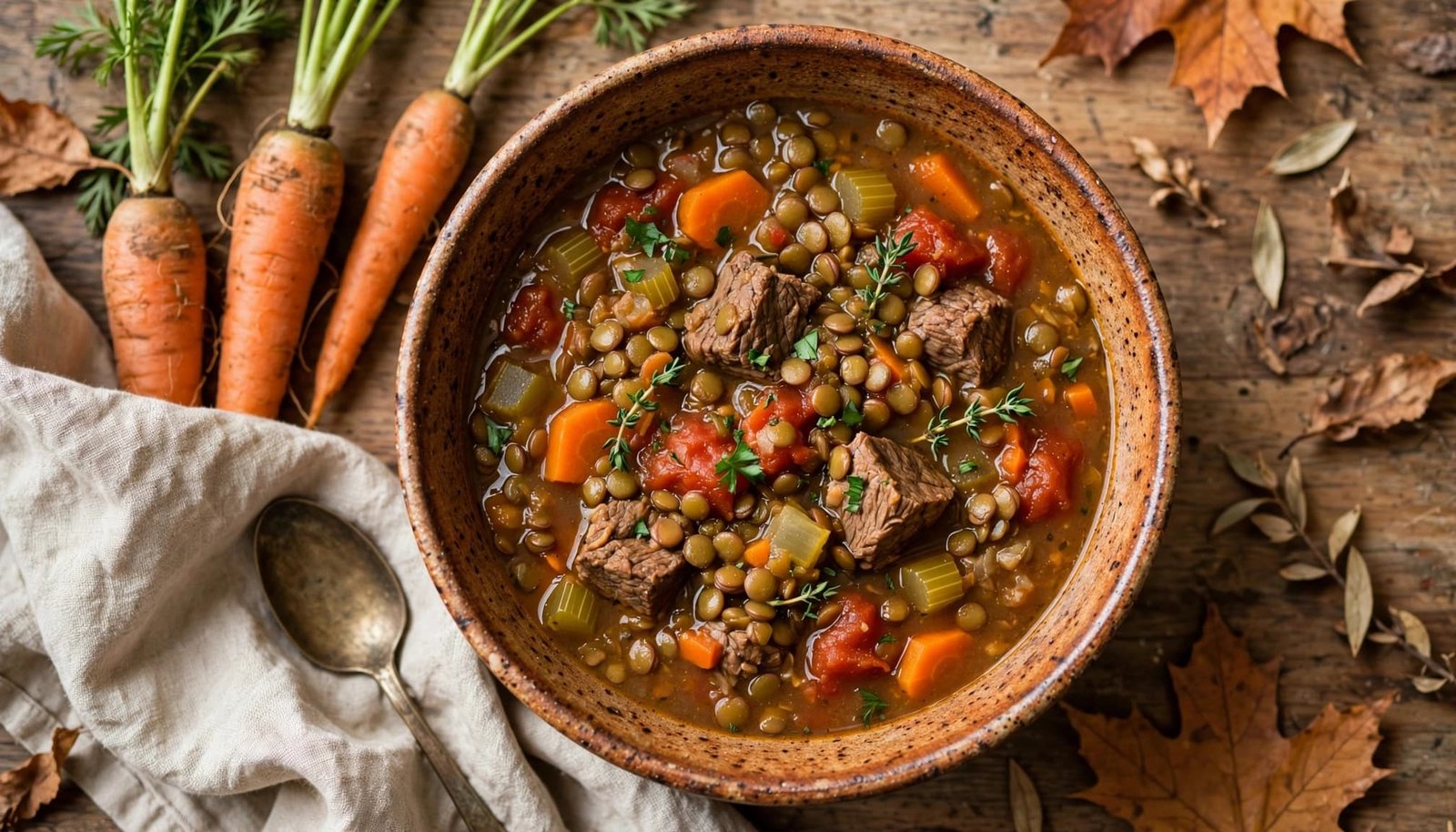 A bowl of beef and lentil soup with vegetables on a rustic autumn table.