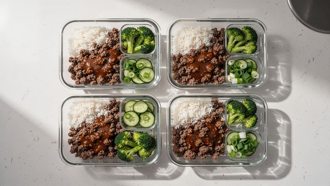 Four containers hold beef, rice, and broccoli with cucumber and green onion nearby.