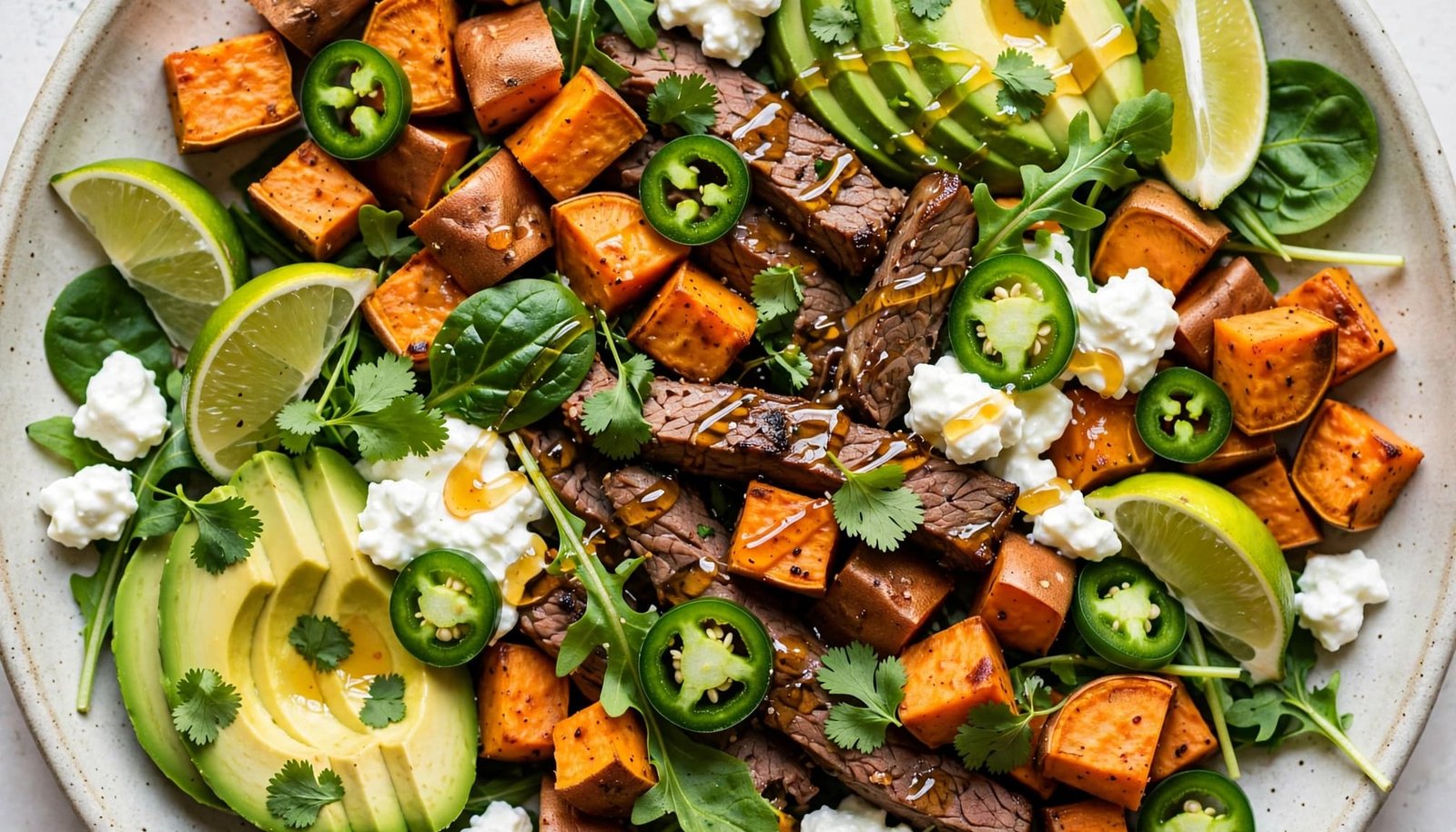 Beef and sweet potato bowl topped with greens, avocado, lime, and cottage cheese.
