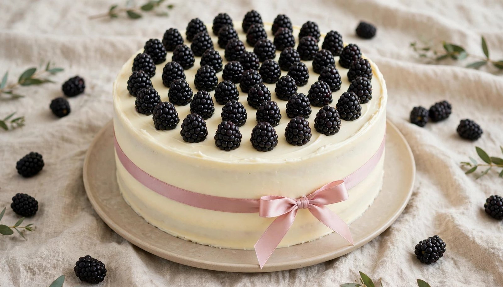 Vanilla layer cake with blackberries, cream frosting, and a pink ribbon on a neutral table.