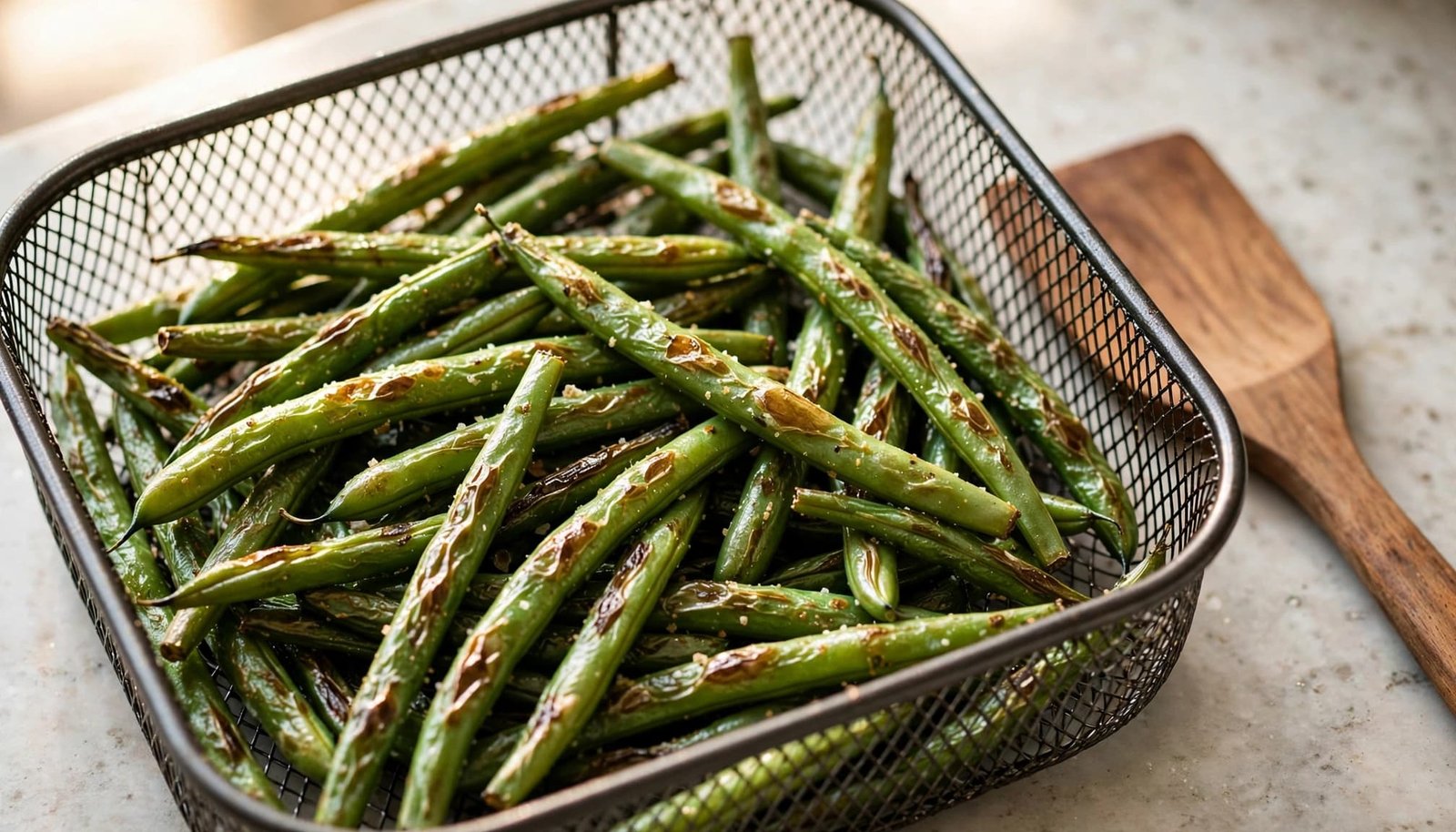 Blistered green beans sit in an open air-fryer basket beside a wooden spatula.