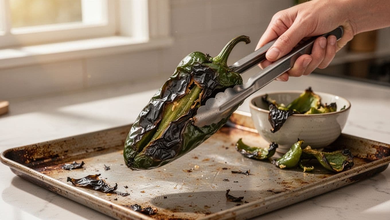 Tongs hold a blistered poblano over a baking sheet beside a bowl of pepper skin.