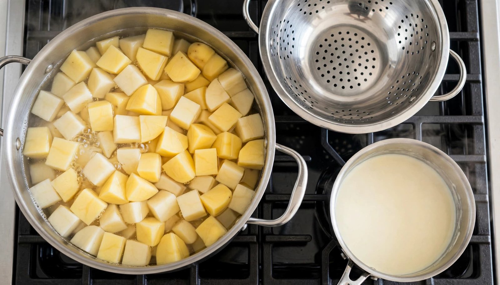 Potato chunks boil in a pot beside a colander and saucepan of cream.