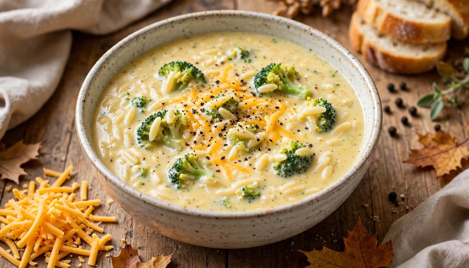 A bowl of creamy broccoli cheddar orzo soup with bread on a wooden table.