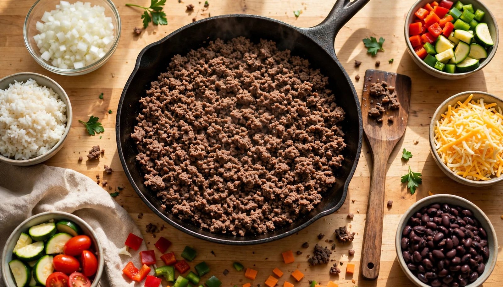 Skillet of browned beef surrounded by rice, cheese, beans, onions, and vegetables.