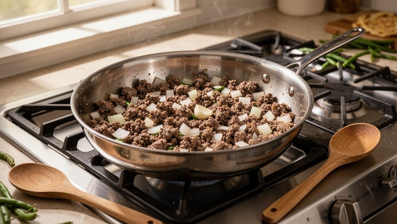 Browned ground beef with onion and garlic in a skillet beside a wooden spoon.