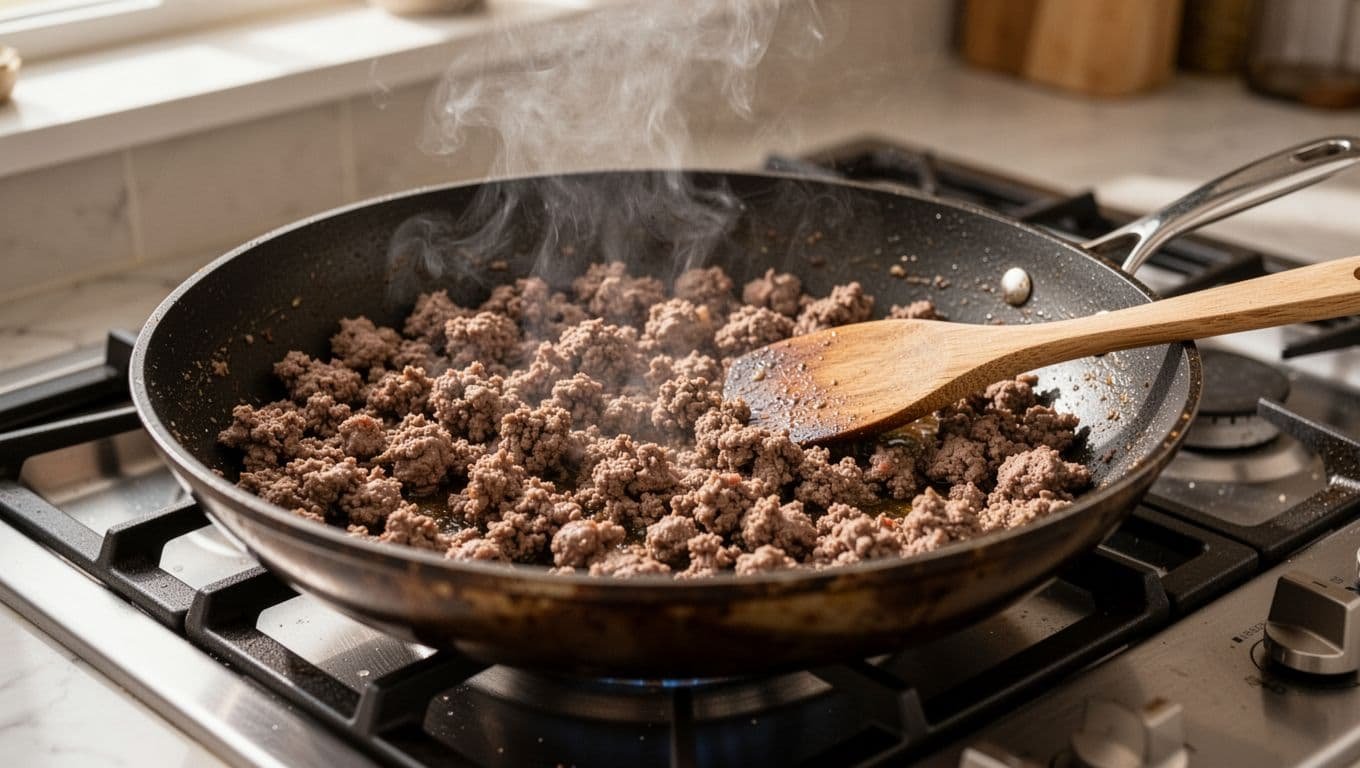 Browned ground beef steaming in a skillet with a wooden spatula nearby.