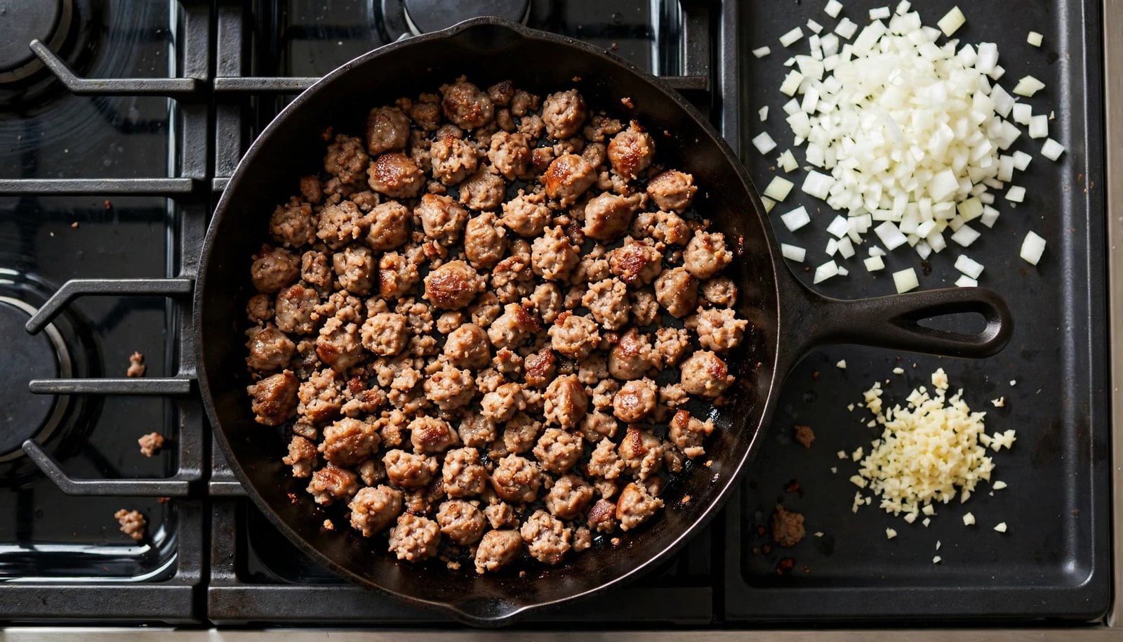 Browned sausage sits in a black skillet beside onion and garlic.