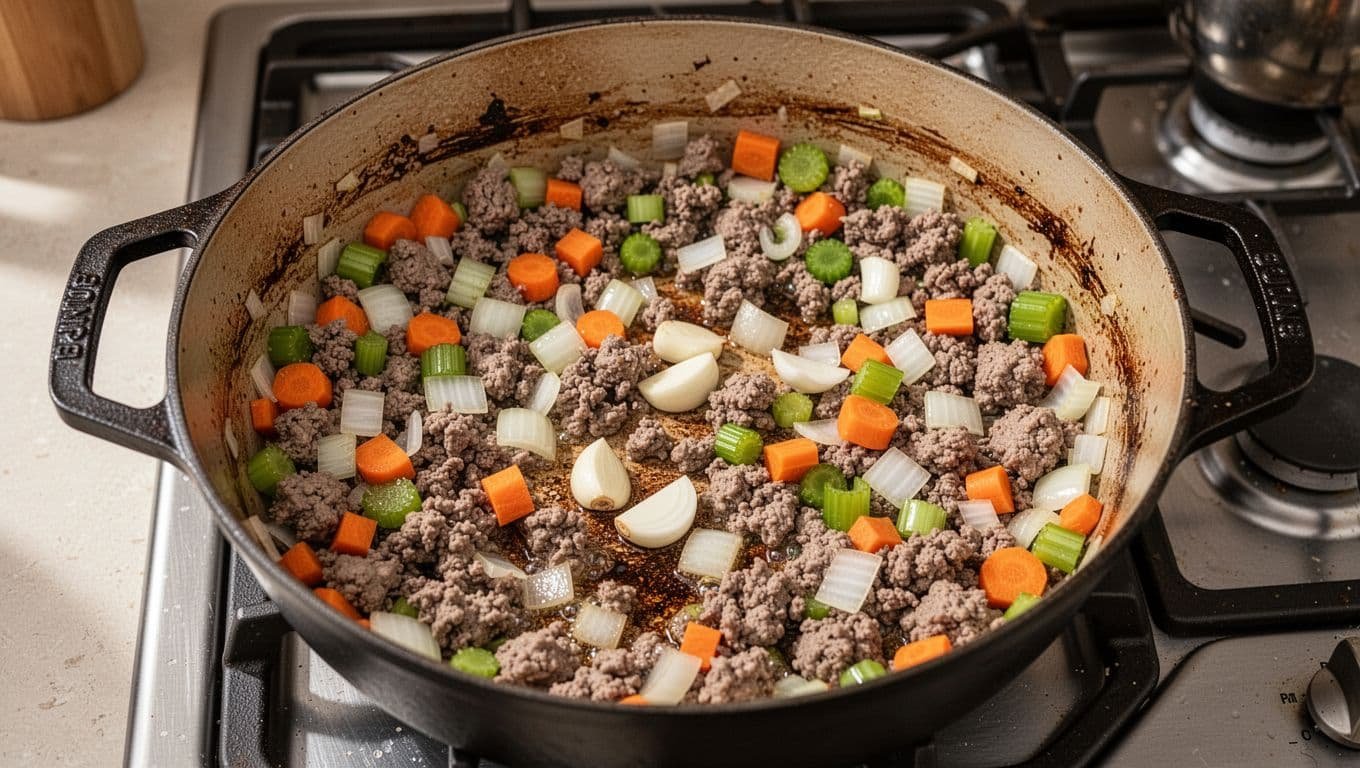 Ground beef and chopped vegetables browning together in a Dutch oven.