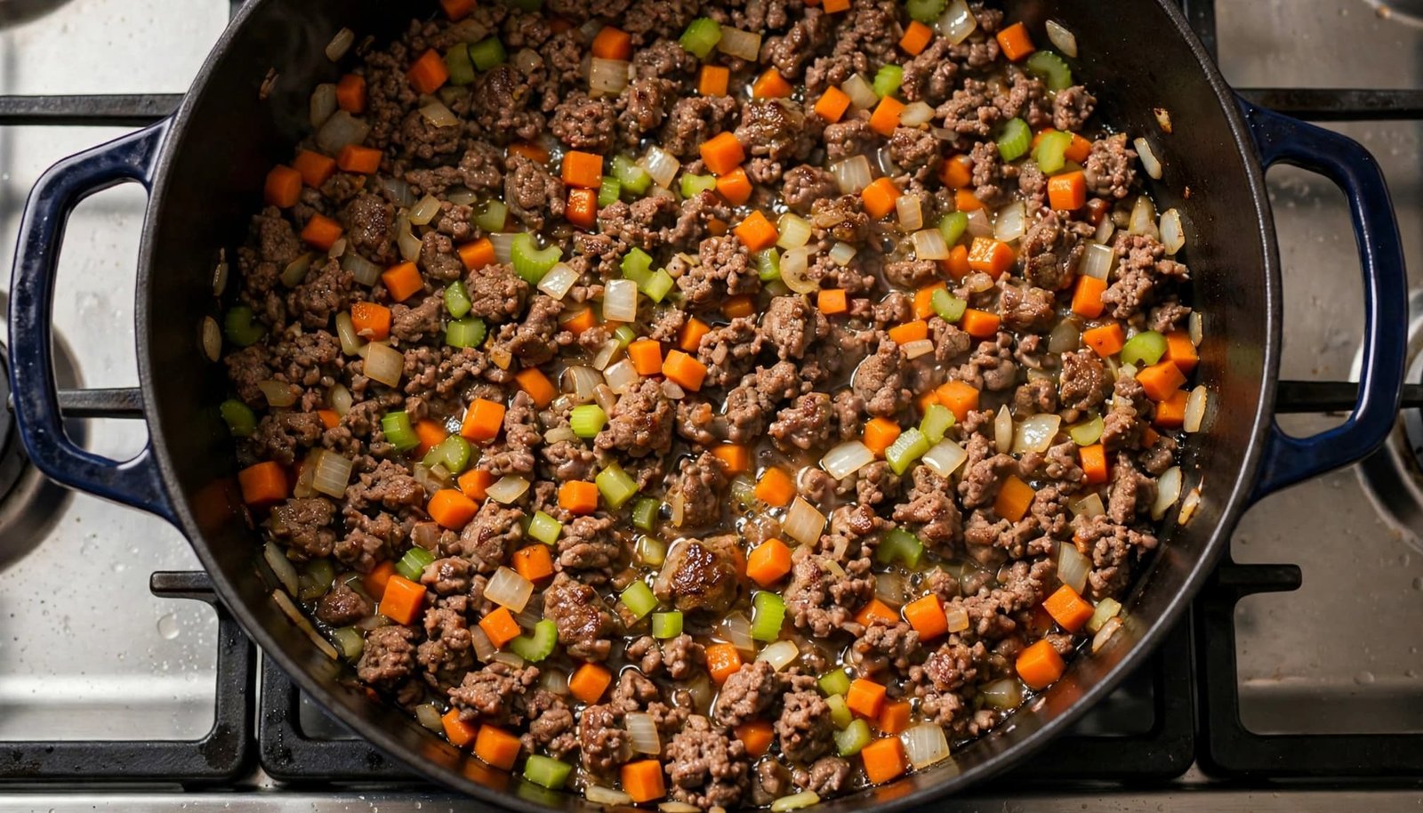 Ground beef browning with onion, carrots, and celery in a Dutch oven.
