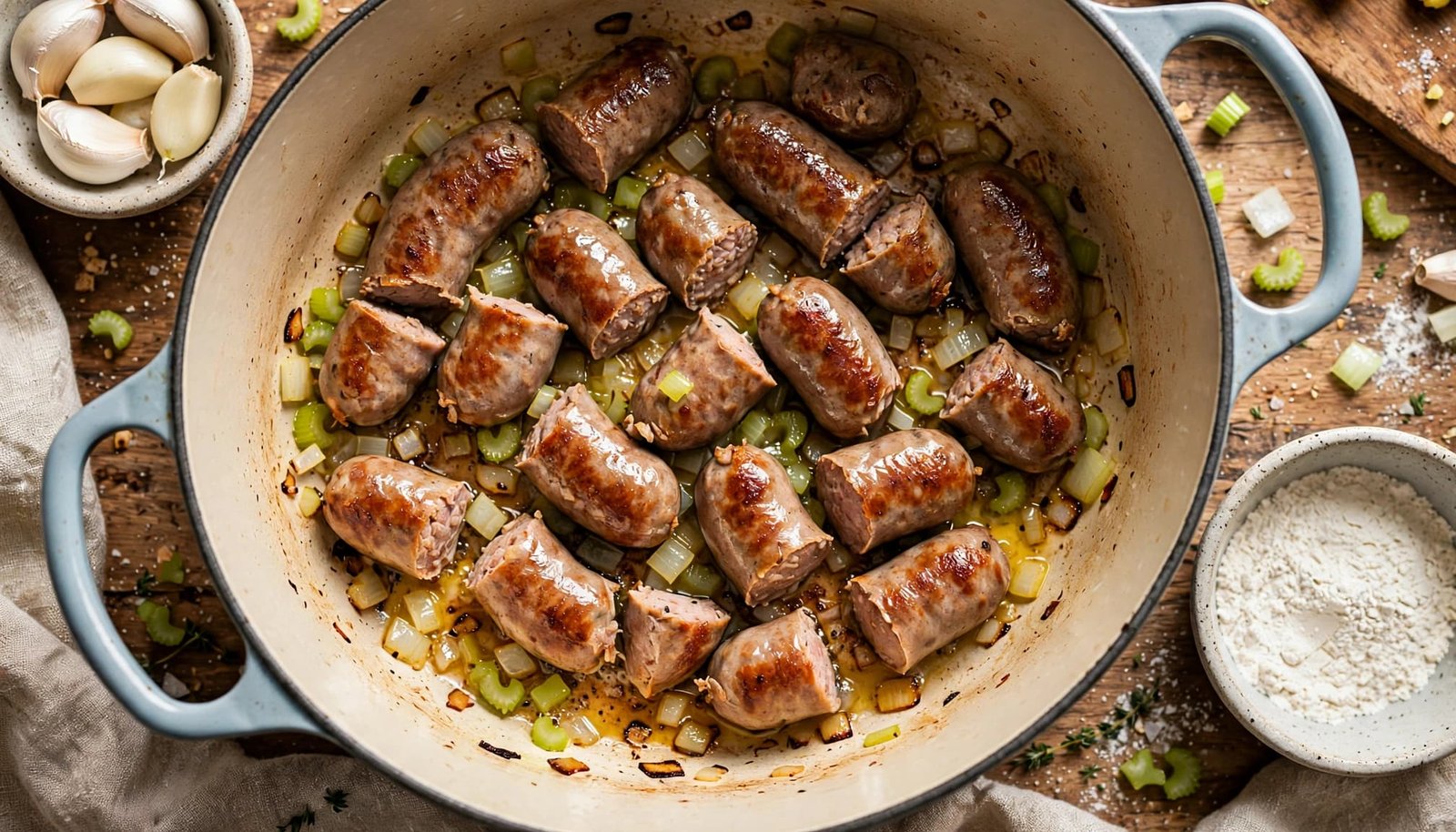 Browned sausage cooks with onion and celery in a Dutch oven beside bowls of garlic and flour.