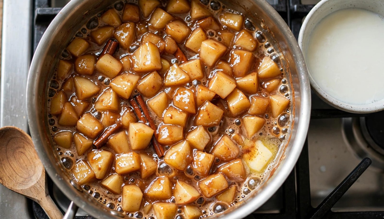 Diced apples bubble with cinnamon in a saucepan beside a wooden spoon and cornstarch slurry.